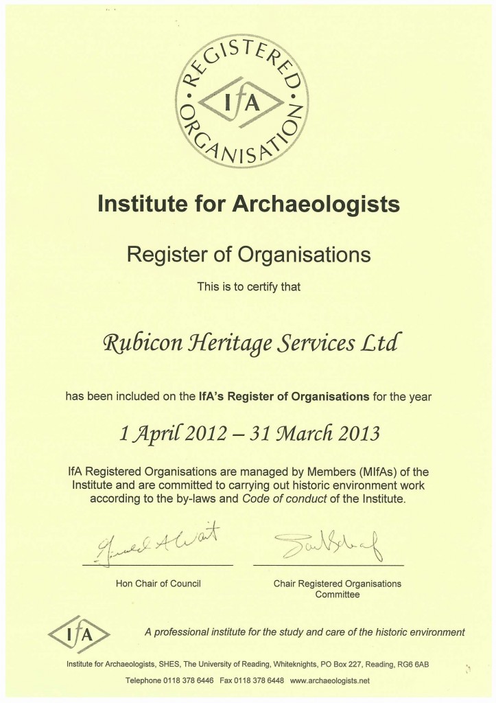 Certificate of Inclusion for Rubicon in the IfA Register of Organisations