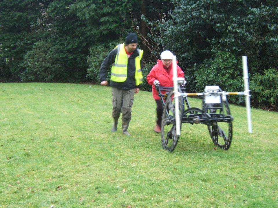One of the Logie Old Kirk Society trying out the Rubicon Geophysics Cart