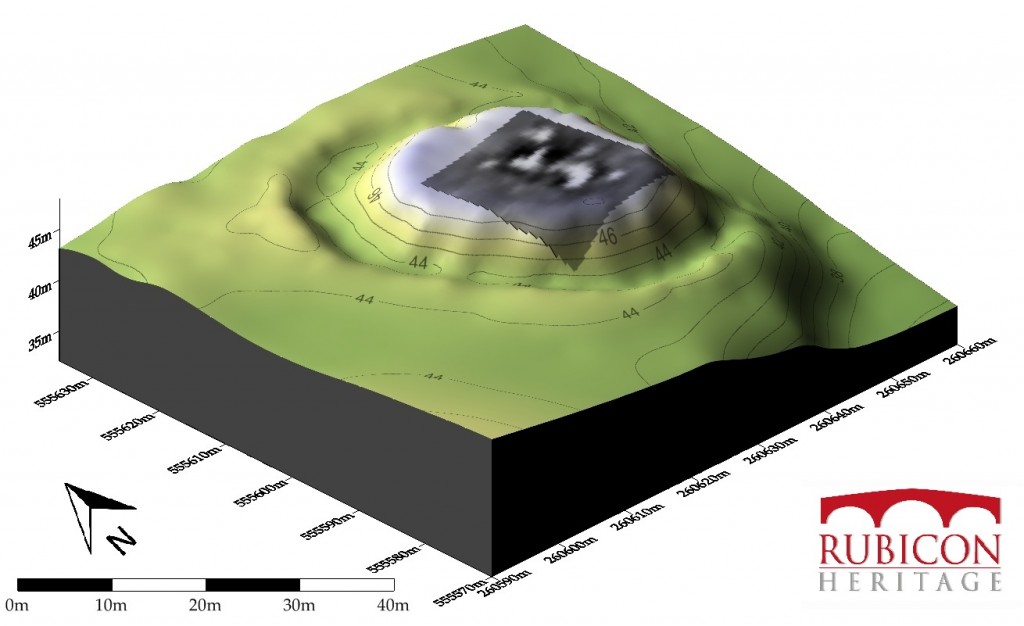 The results of the magnetometry survey draped over a digital terrain model of Moat Park motte