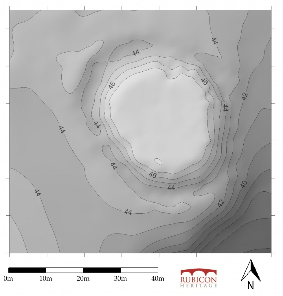 Topographic grey-scale contour based plan of Moat Park motte produced for our survey.