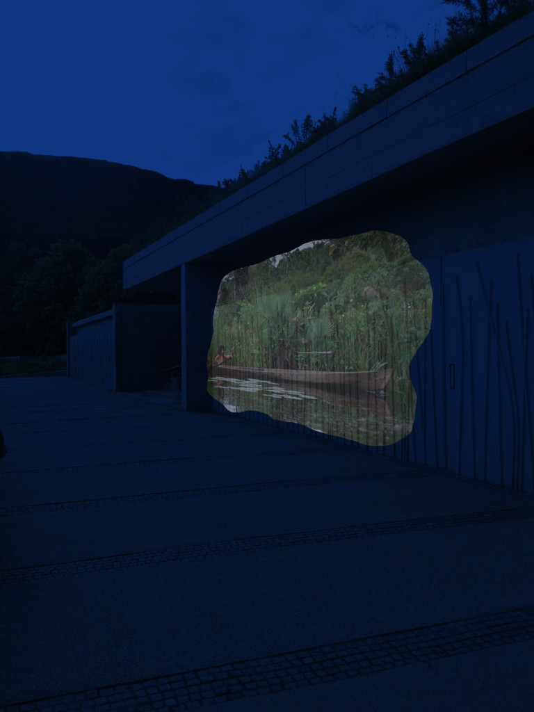 Mock-up of the Scottish Parliament with Archaeo-illumination, drawing on the archaeological evidence from the site relating to Mesolithic activity and environment (Jonathan Millar, Rubicon Heritage Services)