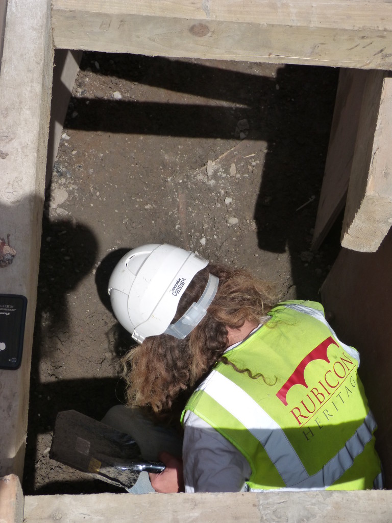 Rubicon’s Ivan Pawle excavating human remains, discovered as part of the LUAS works outside Trinity College Dublin (Rubicon Heritage)