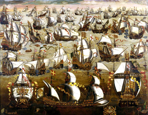 English ships engage the Armada, 1588 (Wikipedia)