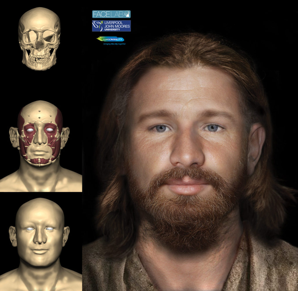 Digital facial reconstruction of Tudor Dubliner with intermediate modelling stages shown on left  