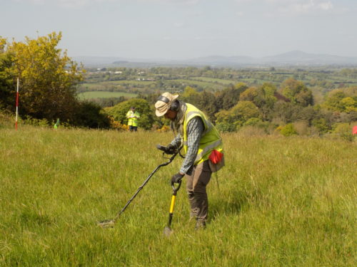 Battlefield archaeologist Sam Wilson during the survey. Each find was flagged so it could be recorded. As archaeologists we are also careful never to excavate below the topsoil level, to avoid damaging any preserved archaeological levels. 